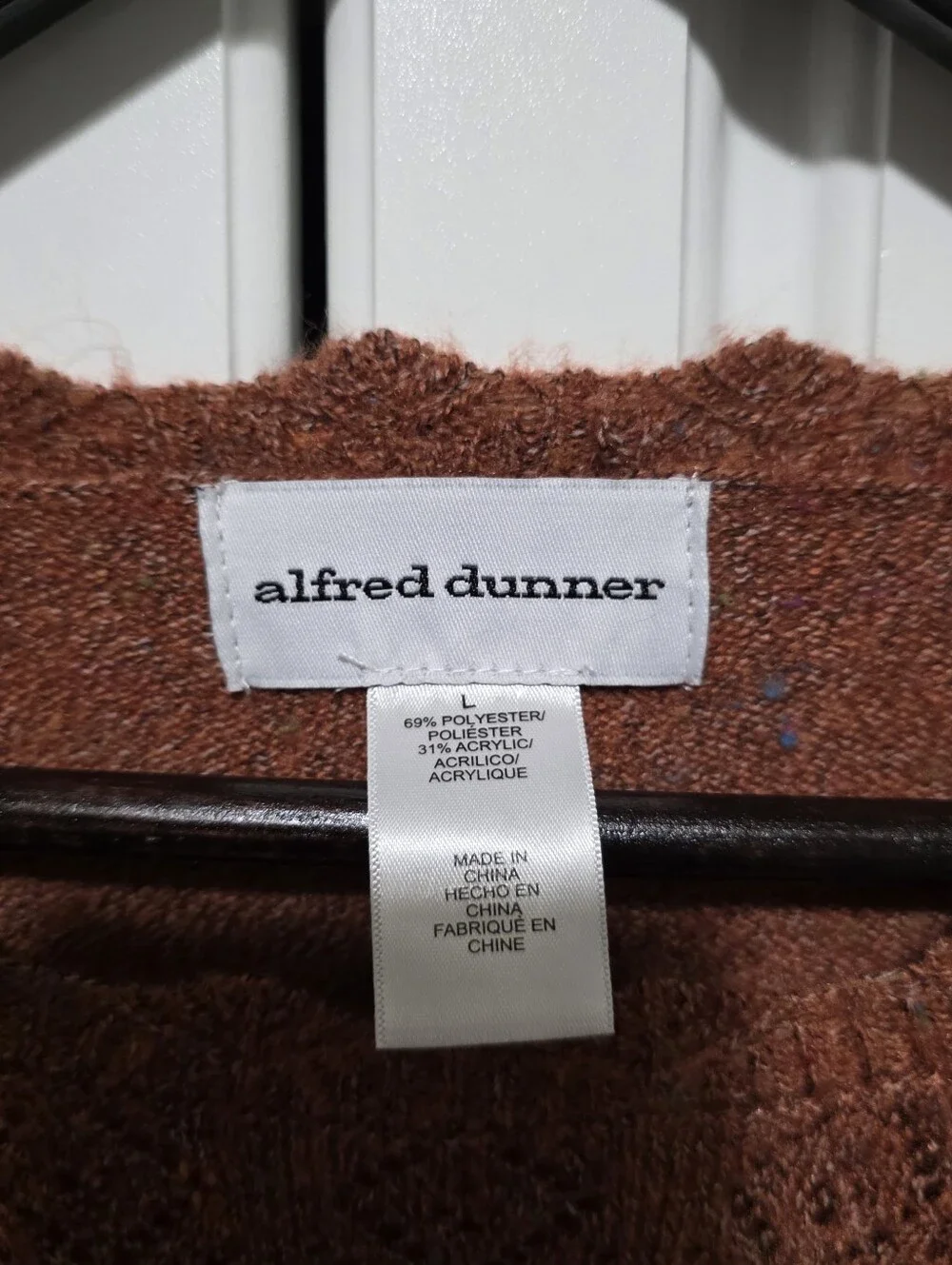 Alfred Dunner Womens Rust Brown Geometric Eyelet Knit Scallop Crewneck Sweater